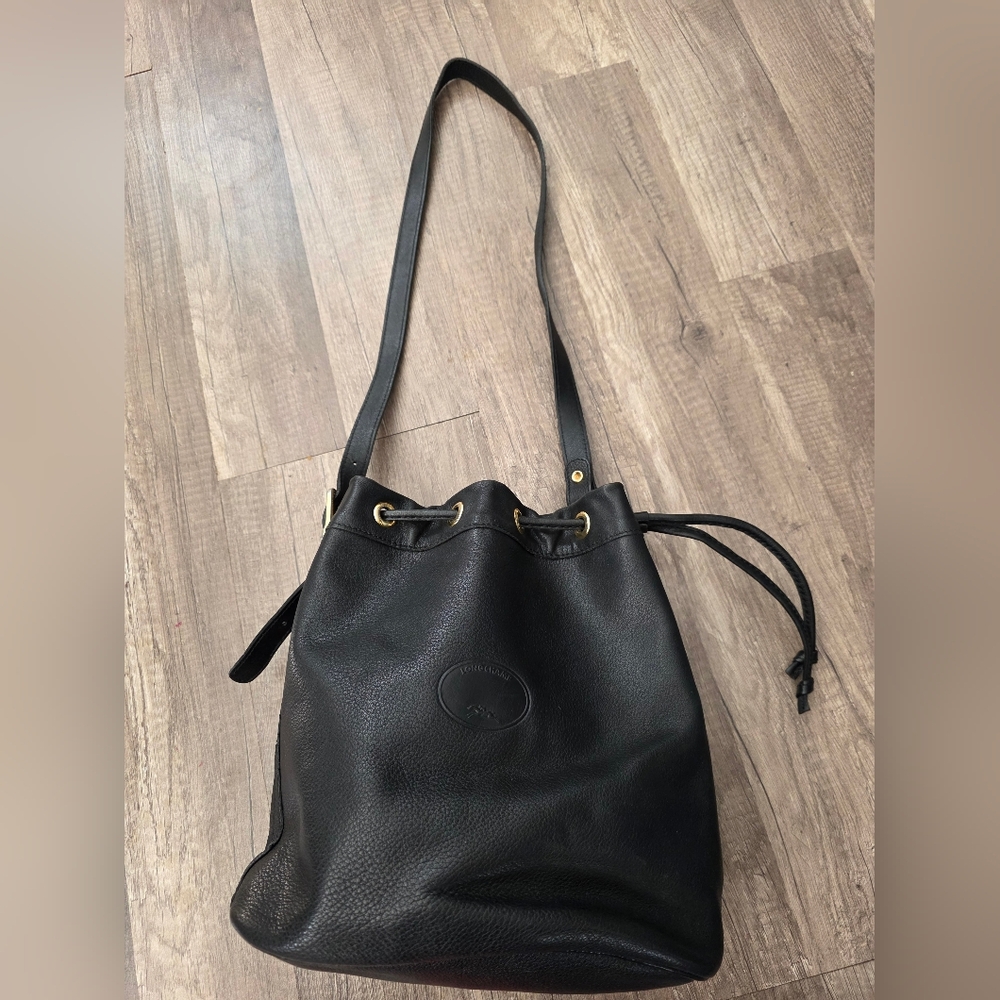 LONGCHAMP BUCKET BAG Black Leather Drawstring 2000s Vintage Designer Y2K - Picture 9 of 15